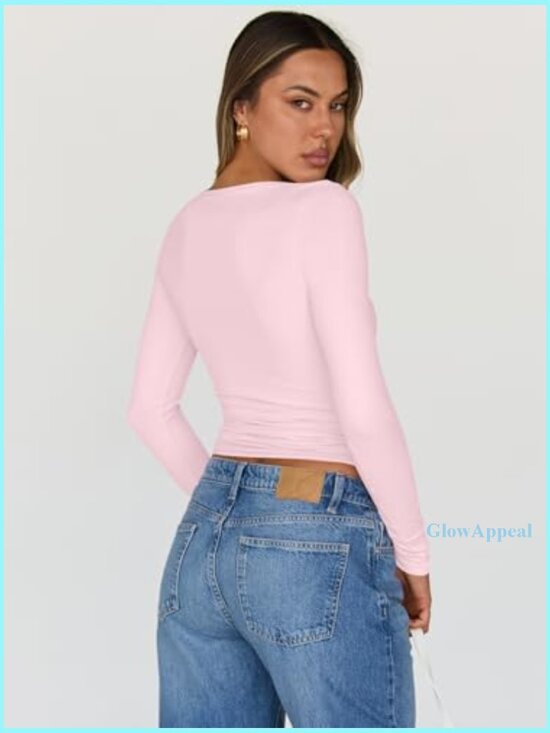 Long Sleeve Sweetheart Neck T-Shirt, Polyester Spandex Blend, Slim Fit - Picture 4 of 6